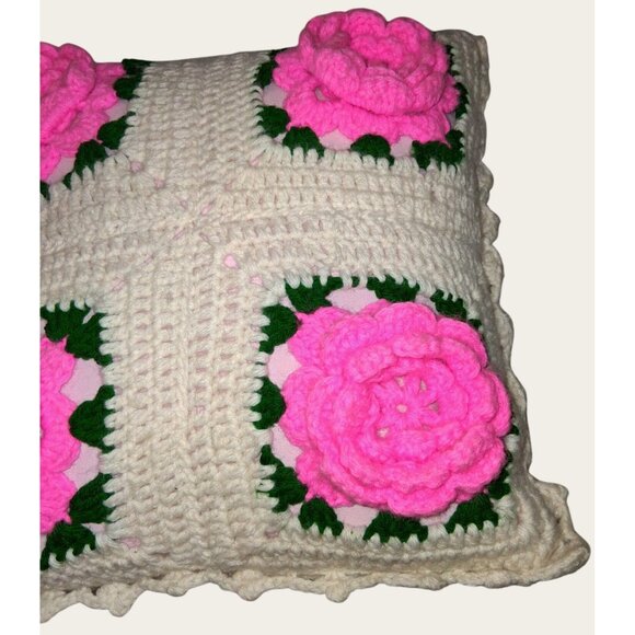 Vintage Handmade Crochet Pillow With Pink Roses 16x16 - Picture 6 of 10